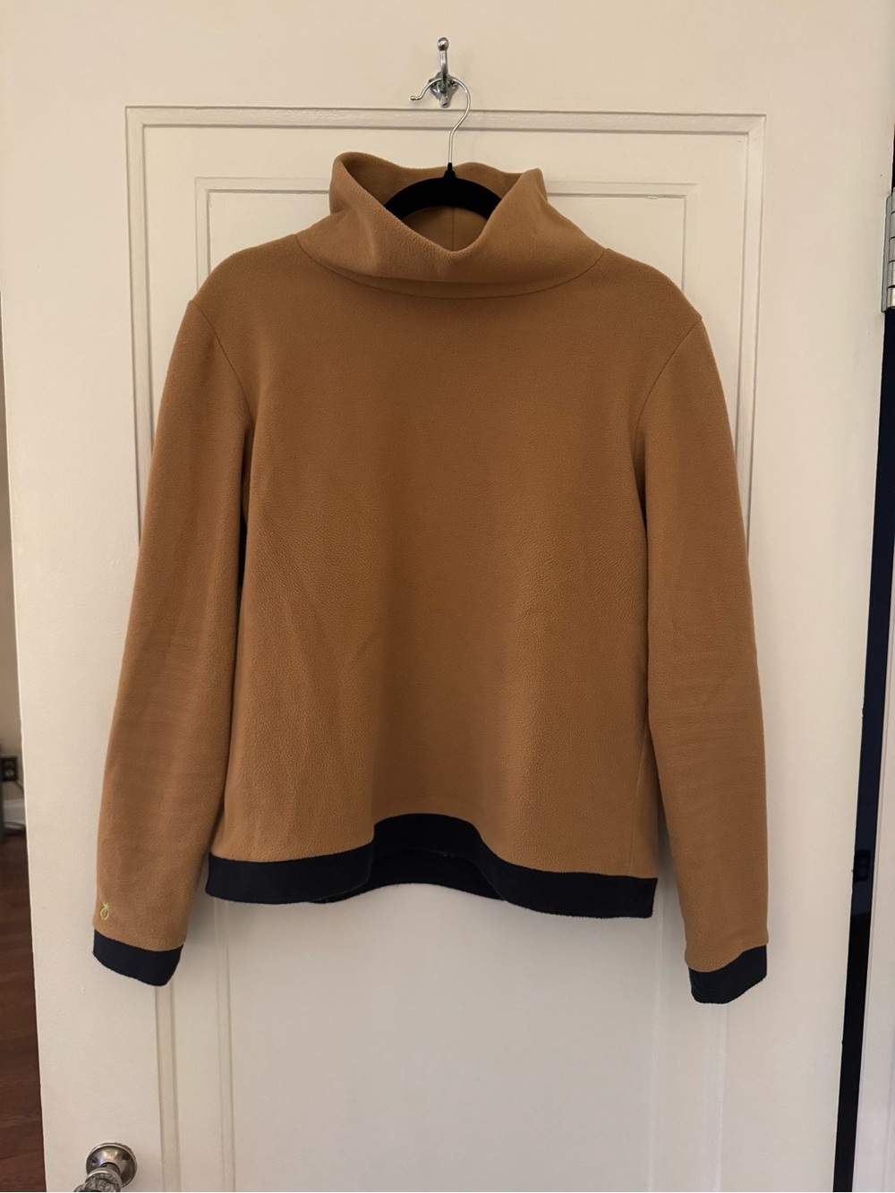 Camel Turtleneck Sweater with Navy Trim